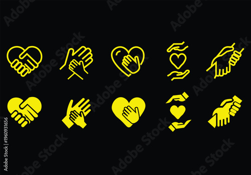 Charity hands icon set. Donation and aid symbol. Friendship logo. Vector illustration.