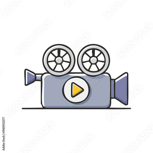 Cartoon vintage movie camera with a play button icon for film production and entertainment