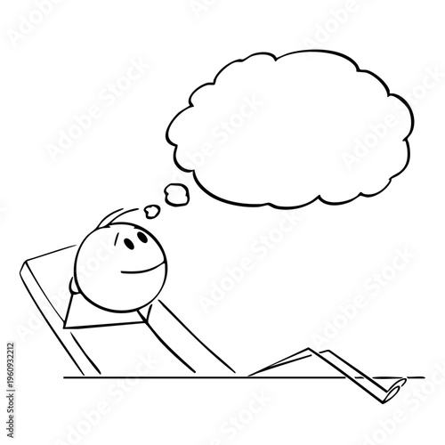 A smiling cartoon character relaxing on a lounge chair with a thought bubble