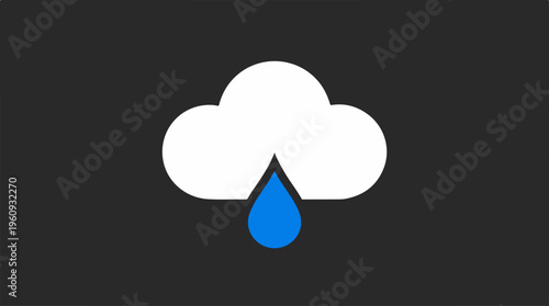 Cloud with rain drop, weather icon, simple design, dark background.