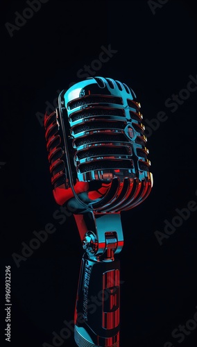 Chrome vintage microphone with blue and red lighting against black
