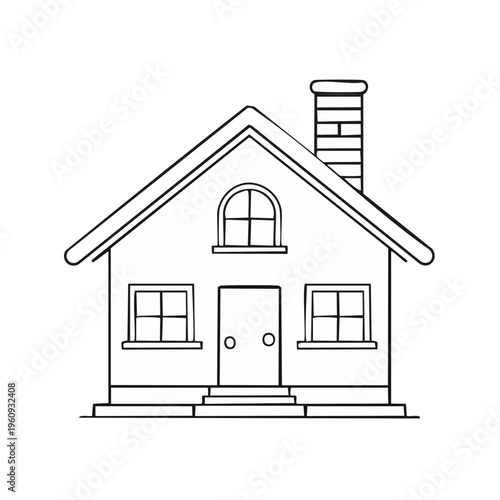 Simple line drawing of a detached house with a chimney, pitched roof, front door, and windows