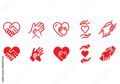 Charity hands icon set. Donation and aid symbol. Friendship logo. Vector illustration.