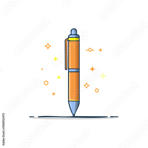 Orange ballpoint pen drawing a line with sparkling stars and dots illustration