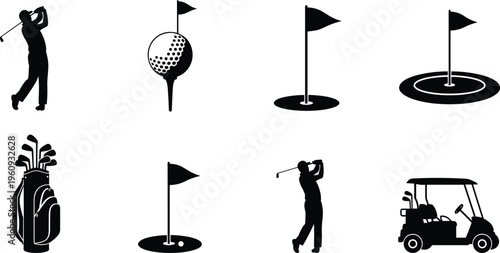 Collection of golf sport silhouette icons showing players, equipment, golf cart, flagstick, ball on tee, and golfing activities illustration