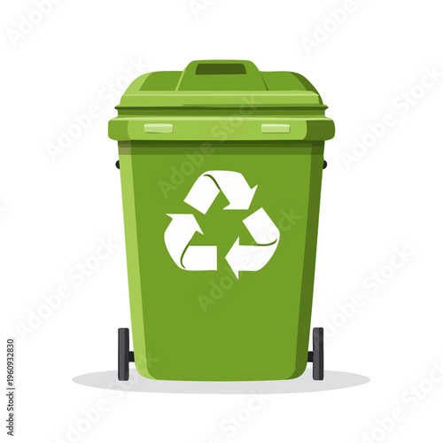 Green wheeled trash bin with recycling symbol for eco-friendly waste management and sustainability
