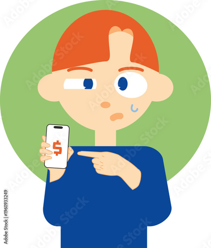 worried man using smartphone money problem with background illustration
