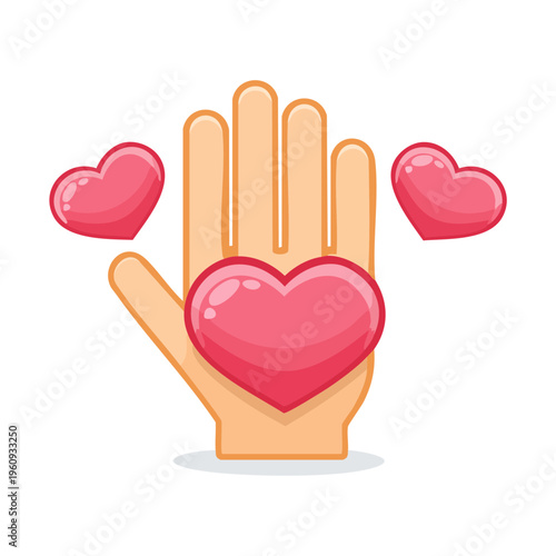 Open hand offering a large heart surrounded by smaller hearts symbolizing love and care