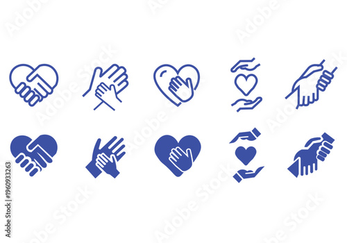Charity hands icon set. Donation and aid symbol. Friendship logo. Vector illustration.