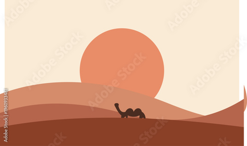 A minimalist vector illustration featuring a solitary camel walking across a desert at sunset