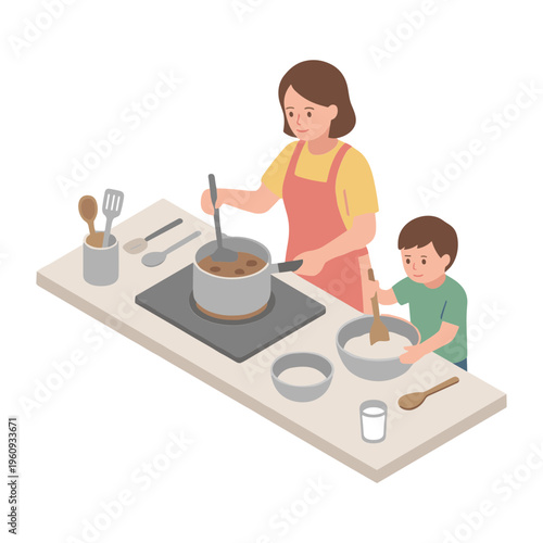 A woman and a boy cooking together in a kitchen with various utensils