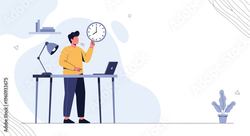 Man in yellow shirt checking clock at desk with laptop, modern office, time management concept