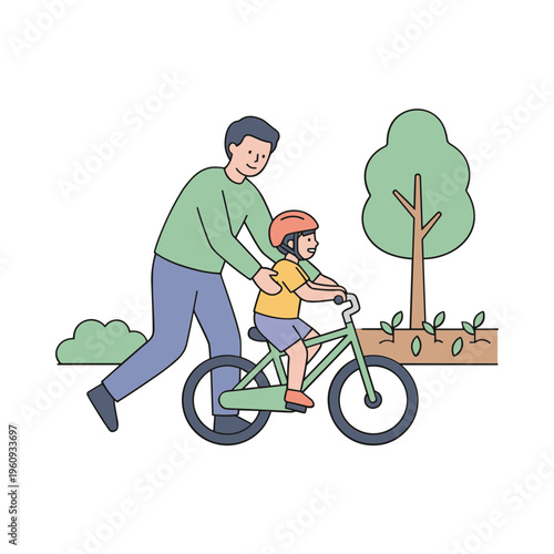 Father teaches son riding bicycle in park with trees and plants nearby