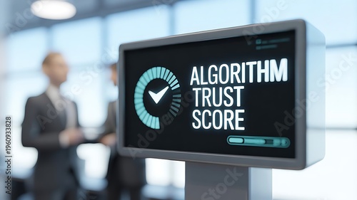 A digital display showcases the concept of algorithm trust score with blurred figures in background
