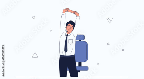 Man in office stretching arms overhead, sitting at desk, office worker exercise
