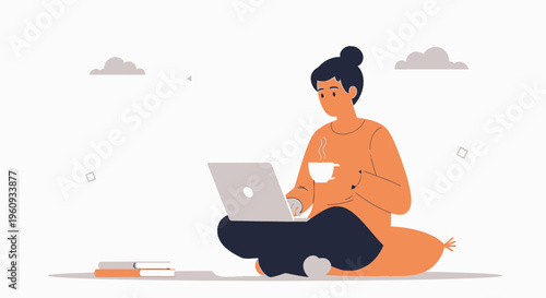 Woman working on laptop with coffee, sitting cross-legged on floor, minimalist illustration
