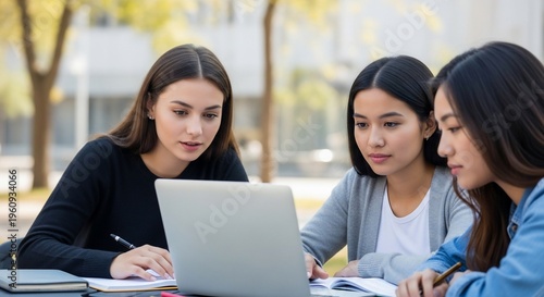Focused Minds: Young women collaborate on a project outdoors, bathed in soft natural light.