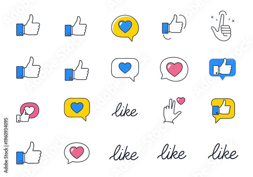 Social Media Reaction Icon Set - Thumbs Up, Hearts, Speech Bubbles, and Like Calligraphy. Vector Line Art Elements for Digital Marketing and UI Design.