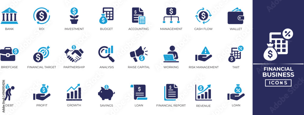 Naklejka premium Financial business solid icon set includes accounting, debt,accounting, expense, management, budget, investment and more. Solid icon collection.