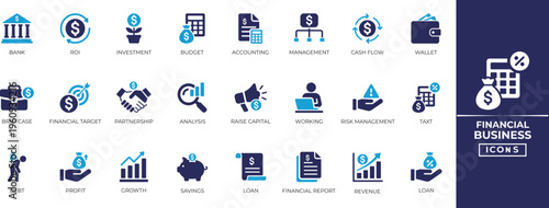 Financial business solid icon set includes accounting, debt,accounting, expense, management, budget, investment and more. Solid icon collection.