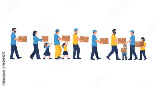 Canvastavla Package Delivery Service: A diverse group of people, including delivery personnel, adults, and children, are depicted receiving and delivering cardboard boxes