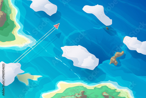 Aerial ship flying through tropical islands