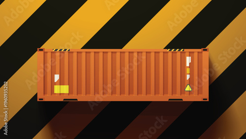 Orange cargo container on striped warning back