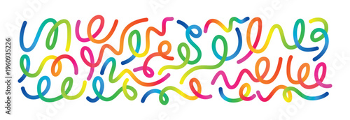 Abstract rainbow color squiggle lines pattern. Gradient ribbon curves with playful loops and flowing motion. Vibrant wavy strokes forming dynamic doodle shapes for modern background, kids design, part