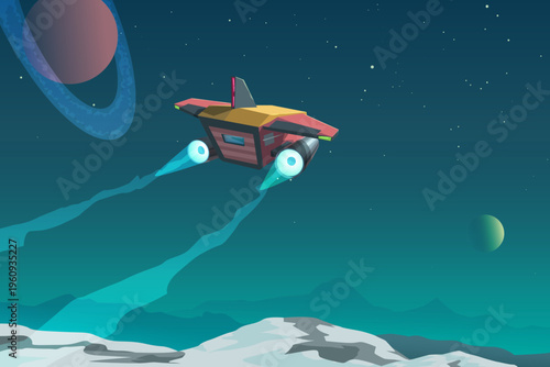 Spaceship flying over alien planet landscape