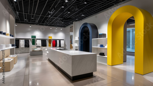 Italian surrealist sports store, full product walls with shelving and hanging rails, central floor fixtures with high-density apparel display, metaphysical-inspired arches, bold Me