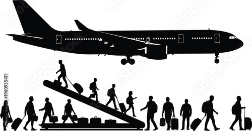 Silhouettes of airplane, escalator, and passengers with luggage, representing airport travel, busy air transportation, departure, arrival, and aviation activity illustration