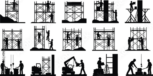 Silhouettes of construction workers on scaffolding, operating machinery, lifting materials, and collaborating, representing diverse building site teamwork and occupational activities