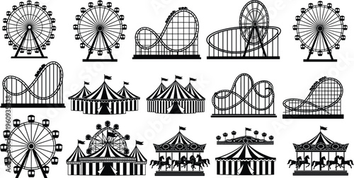 Silhouettes of amusement park attractions including Ferris wheels, roller coasters, circus tents, and carousels, representing diverse carnival rides and entertainment structures