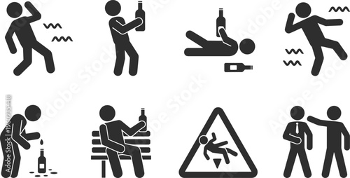 Black and white depicting various consequences of excessive alcohol consumption and safety warnings