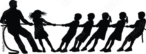 Silhouette of adult versus children in tug of war, teamwork competition concept for family, play, strength, and group design