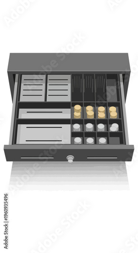 Cash Register Drawer with Money and Coins.