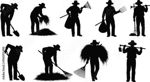 Silhouettes of farmers with hats using shovels, pitchforks, rakes, and watering cans, representing traditional agriculture, manual labor, and farming activities