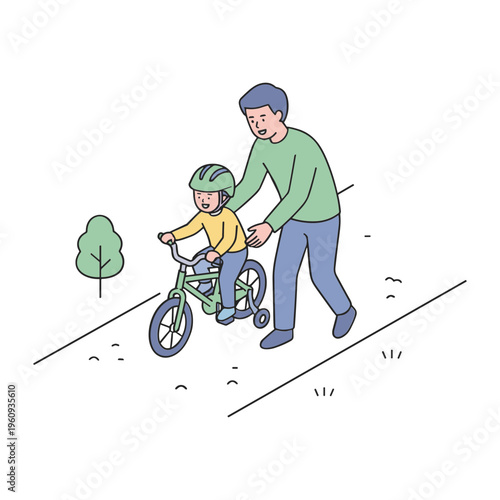 Father teaches young boy riding bicycle on road with tree beside them.