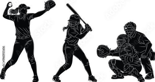 Картината върху платно Silhouette of pitcher, batter, catcher, and umpire in dynamic baseball or softba