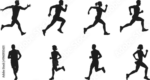 Silhouette set of people running in various athletic postures, fitness exercise, jogging motion, sports training, human movement illustration
