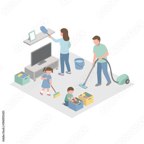 Family cleaning house with vacuum and brooms in living room