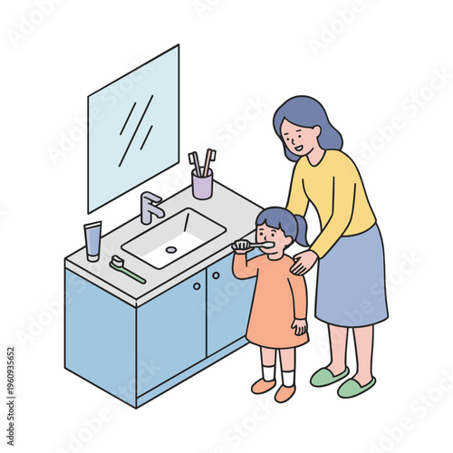 A woman helps a child brush teeth in bathroom