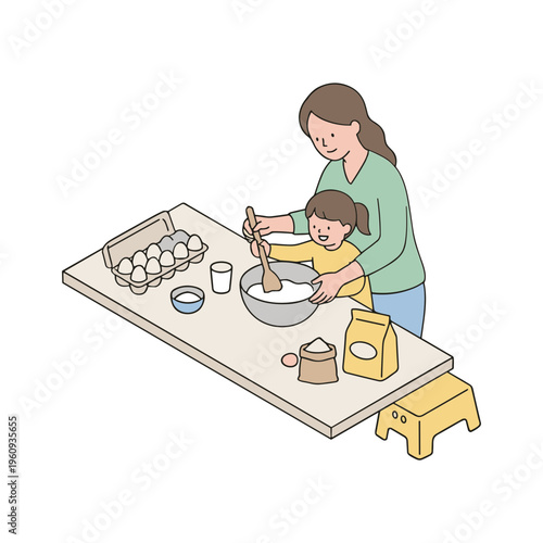 A woman and child prepare a meal together at a table with ingredients.