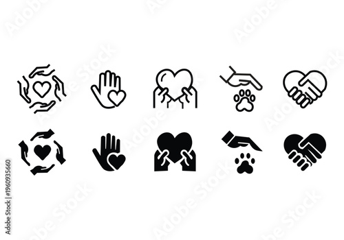 Charity hands icon set. Donation and aid symbol. Friendship logo. Vector illustration.
