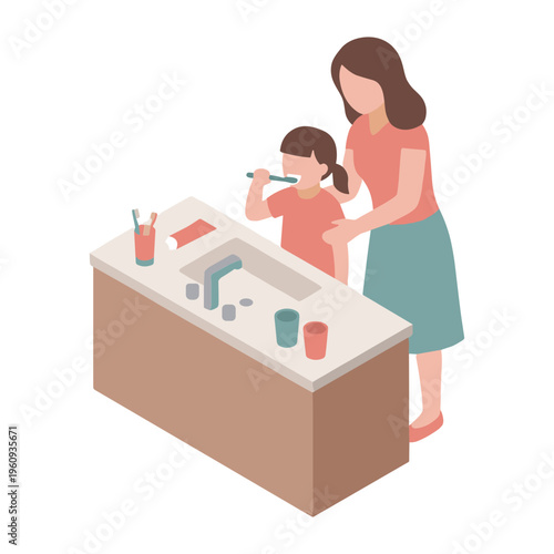 A woman helps a child brush teeth at a bathroom sink with toiletries.