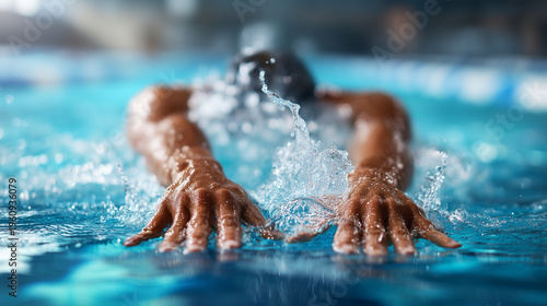 Close-up of a swimmer's hands (faceless) entering the water in a crawl stroke, sharp focus on the water drag and skin pores, bright clinical blue swimming pool background, professi