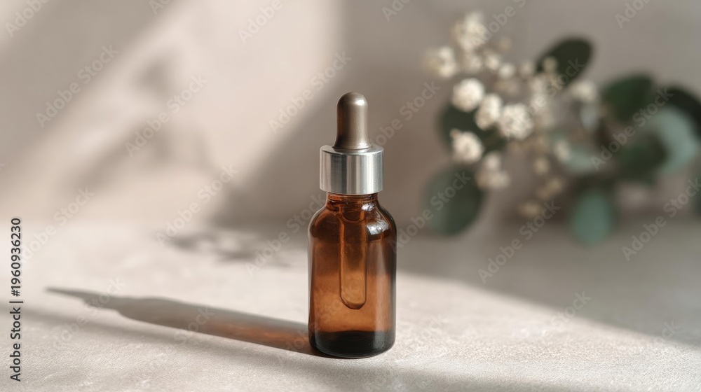 Fototapeta premium Small amber glass dropper bottle with a silver dropper cap. the bottle is placed on a white surface with a blurred background.
