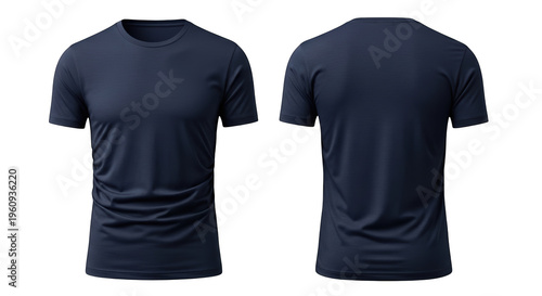 Front and back view of a plain dark navy blue tshirt isolated on transparent background