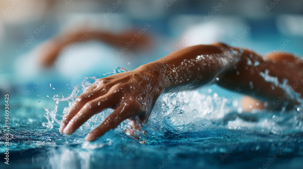 Fototapeta premium Close-up of a swimmer's hands (faceless) entering the water in a crawl stroke, sharp focus on the water drag and skin pores, bright clinical blue swimming pool background, professi