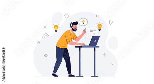 Man with Headphones Working on Laptop, Having Ideas and Lightbulb Moments
